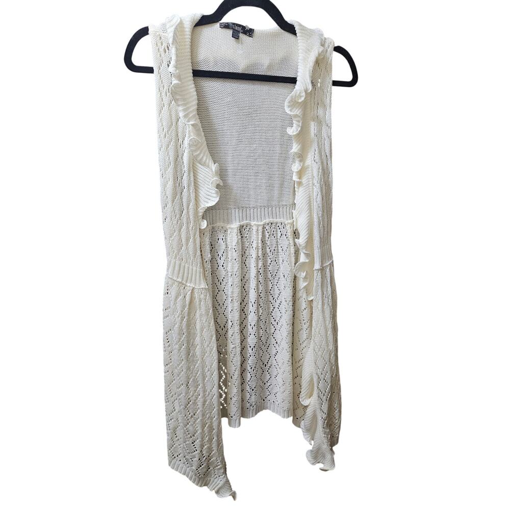 Sioni Cream Crochet Knit Ruffle Longline Open Cardigan Vest L Boho Cottagecore